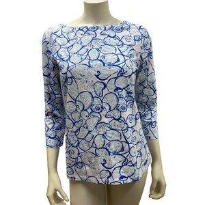 Talbots Womens 3/4 Sleeve Blue &‎ White Seashell Print Top Cotton Blend Md